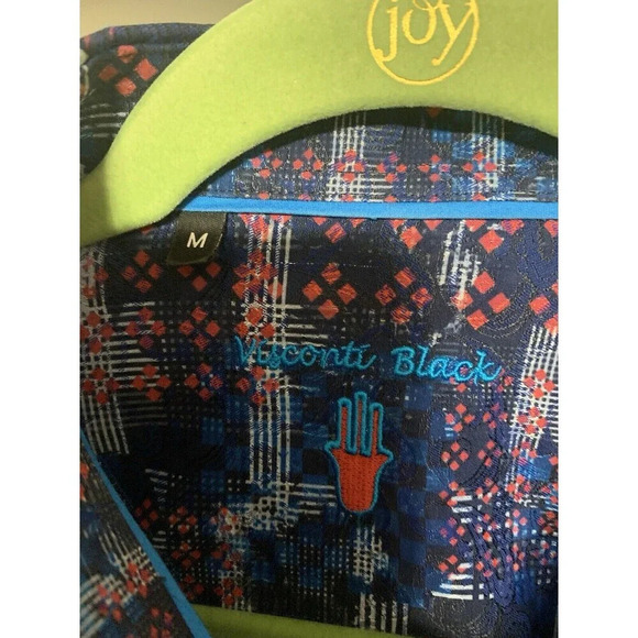 Visconti Black Shirt Mens Medium Flip Cuff Paisley Watercolor Art Collared (J24) - Picture 7 of 9